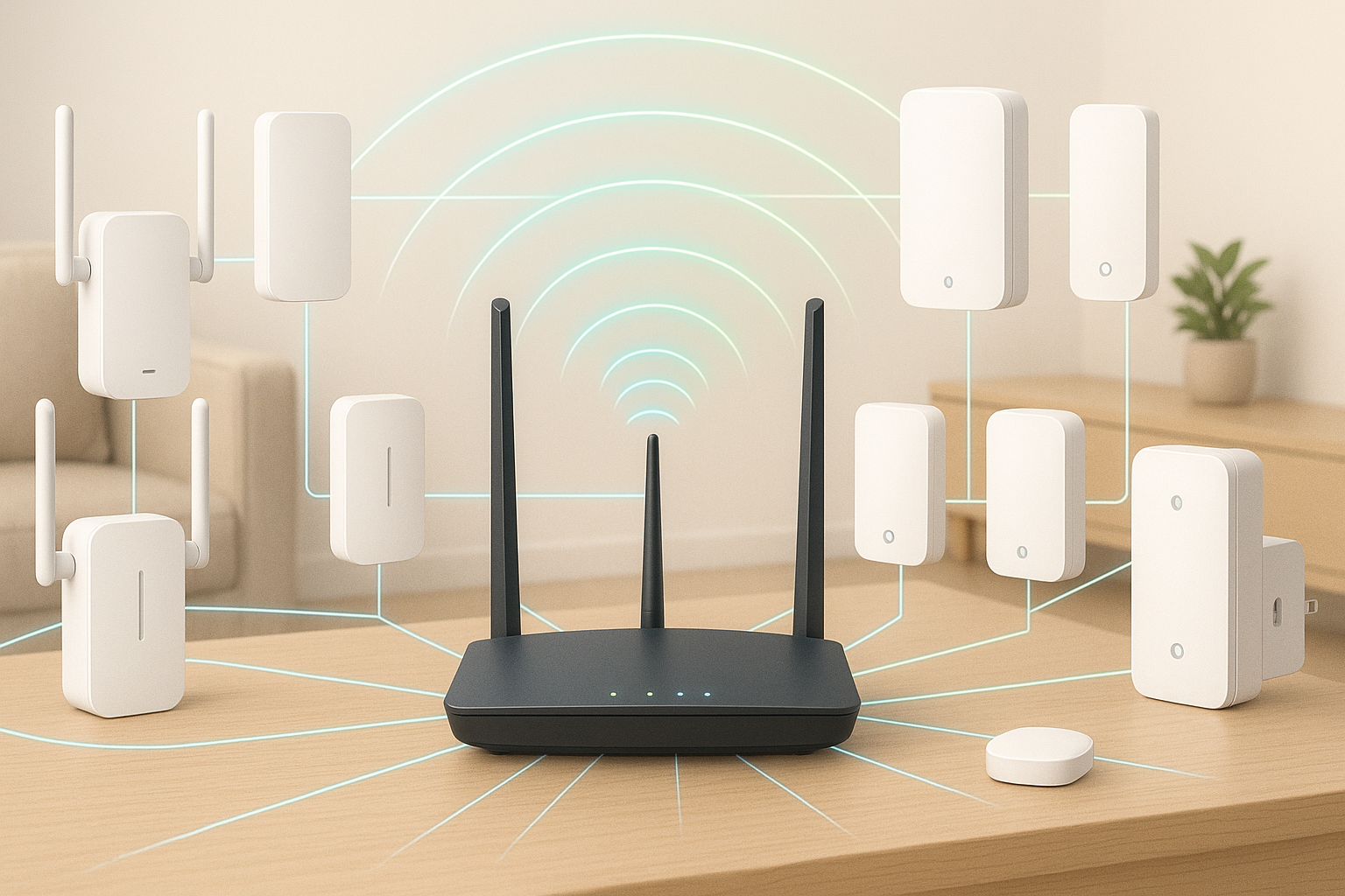 Router Wi‑Fi in casa con segnale ottimizzato e onde luminose blu‑verdi